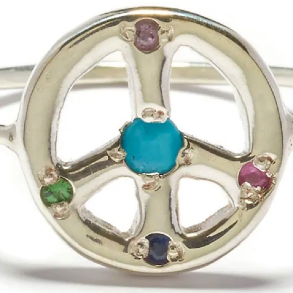 Elisa Solomon Silver Peace Sign Necklace w/Turquoise and Gems - Picture 3 of 4